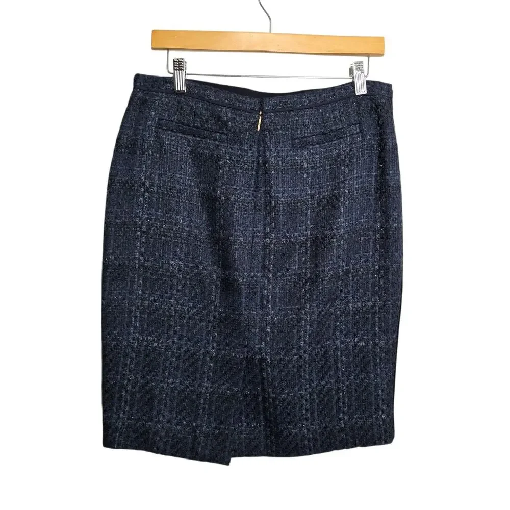 Tory Burch Womens Drew‎ Glazed Navy Blue Tweed Pencil Skirt SZ 8 Professional